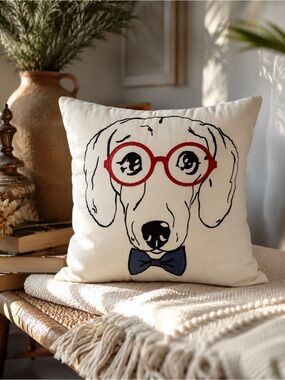 Embroidered Dog Face Throw Pillow with Red Glasses and Blue Bow